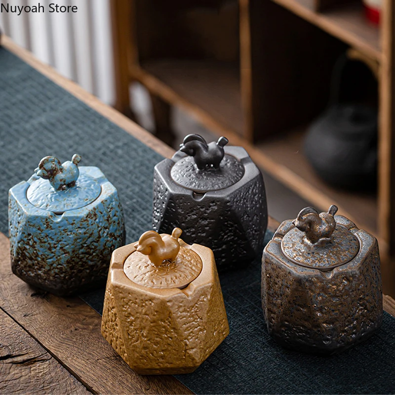

Retro Ceramic Gilt Ceramic Ashtray Home Decoration Anti-ash with Cover Home Living Room Office Retro Crafts Large Ashtray