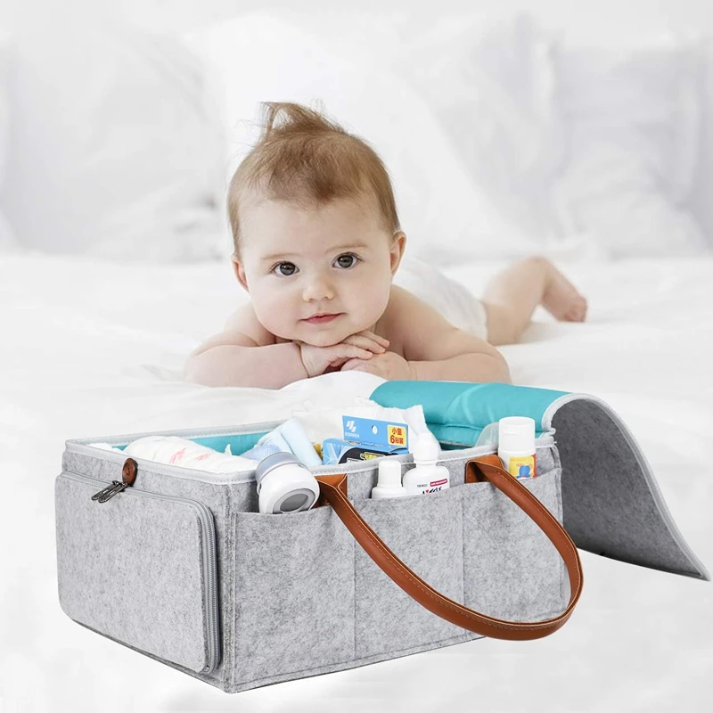 

Diaper Caddy Organizer Baby Nursery Storage Basket with Zipper Lid and Leather Handle Baby Changing Bag