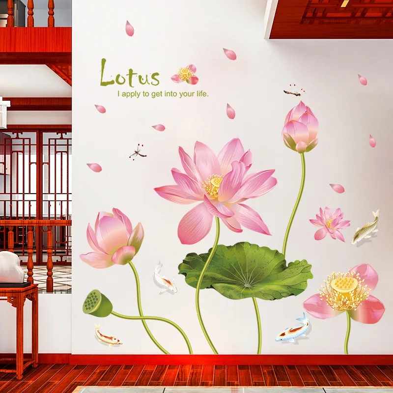 

Modern Pink Lotus Flower Wall Stickers Living Room Waterproof TV Background Decor Art Decals Bedroom Self Adhesive Wallpaper