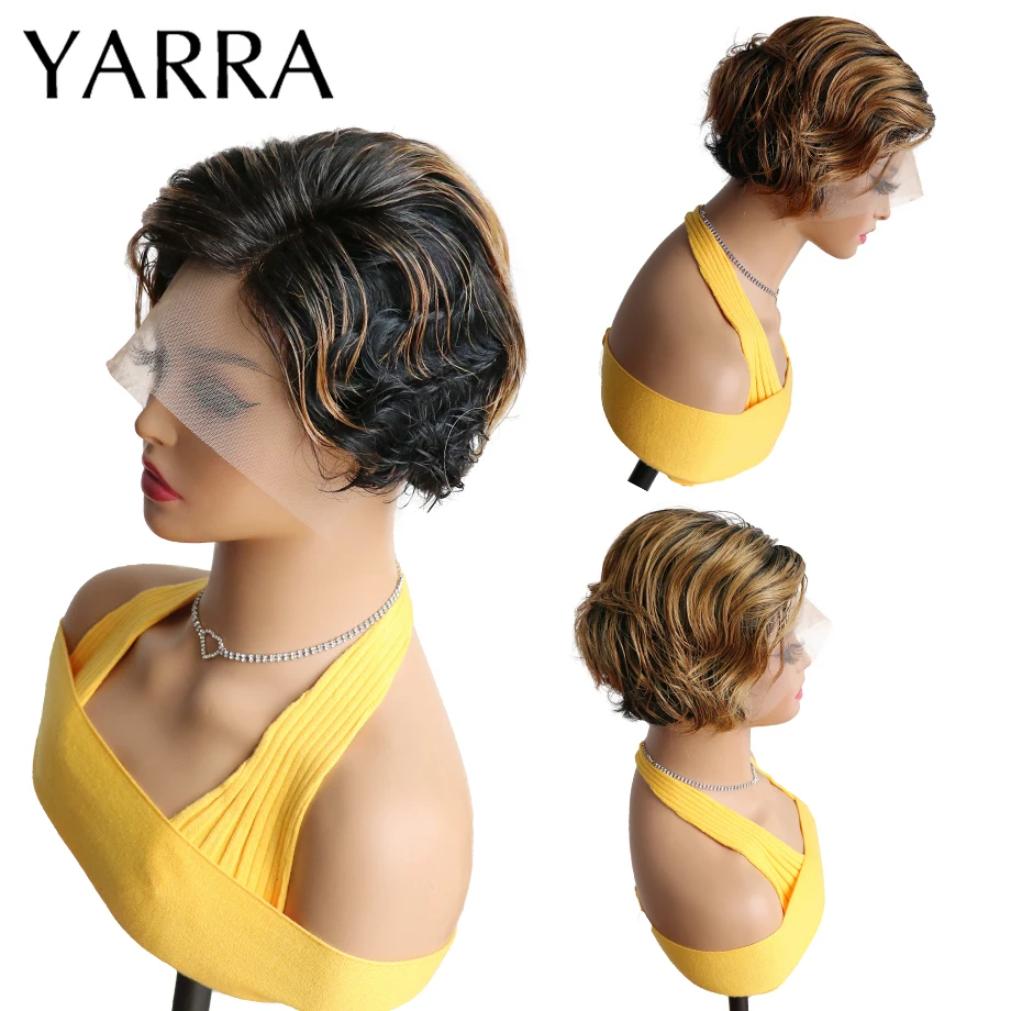 

1B/30 Short Water Wave T Part Lace Front Wigs for Women Ombre Blonde Pixie Cut Human Hair Wig Brazilian Remy Hair Yarra