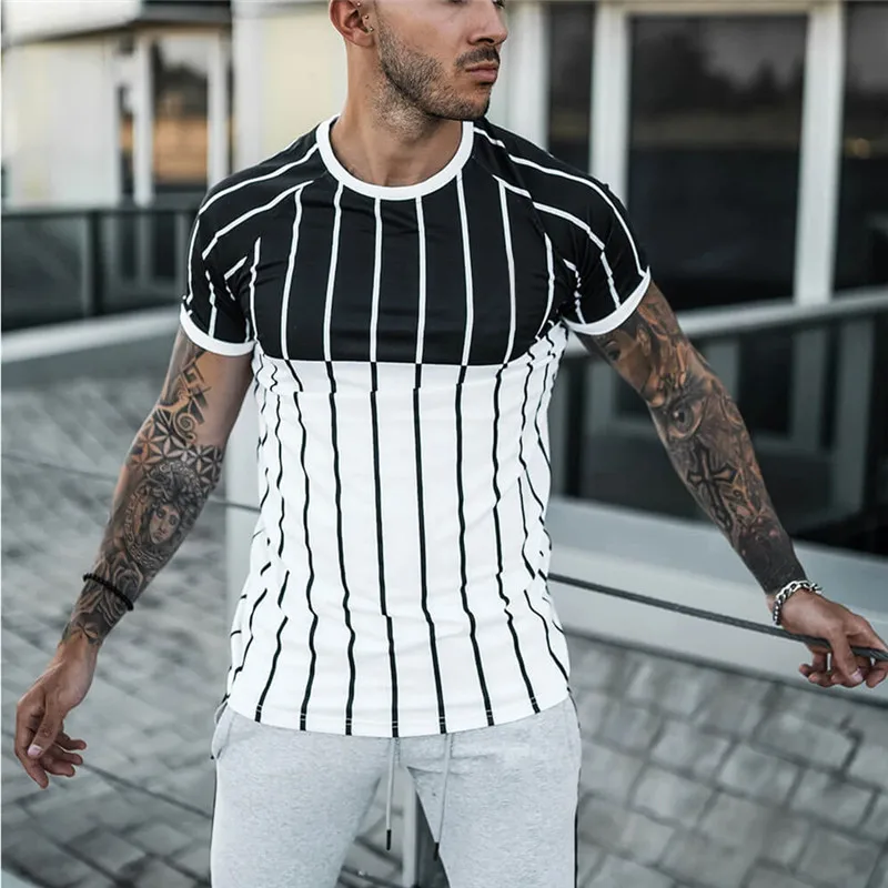

Men's Black White Patch Stitch Short Sleeve Striped T Shirt Summer New Fashion Hip Hop Harajuku Male O Collared T-shirts Tops