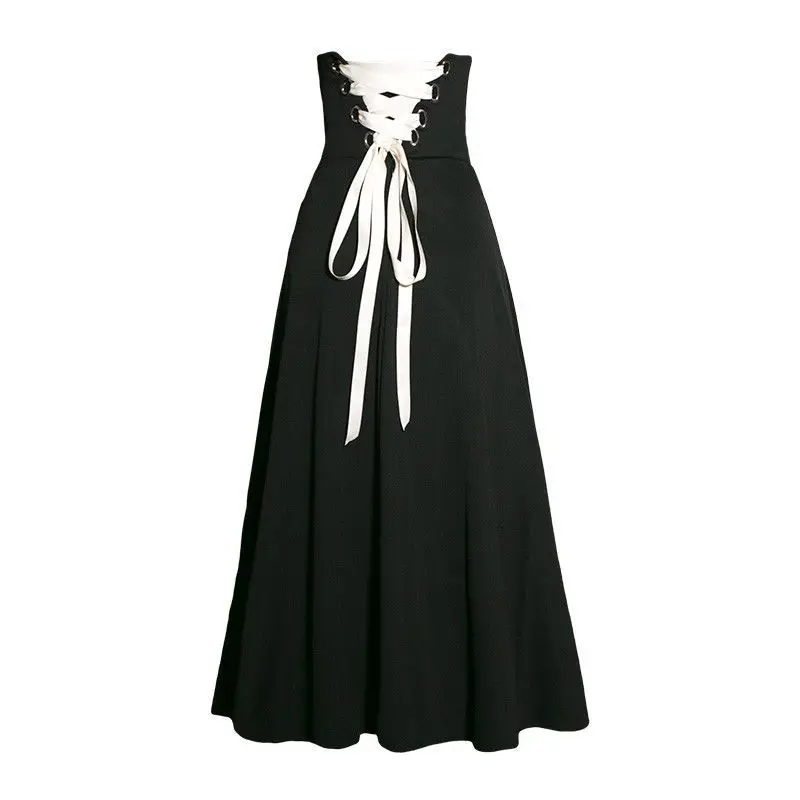 

Half-length Skirt Female Niche Design Sense Retro Long Skirt Back Tie Waist A-line Female Skirt Skirts Womens Solid Vintage
