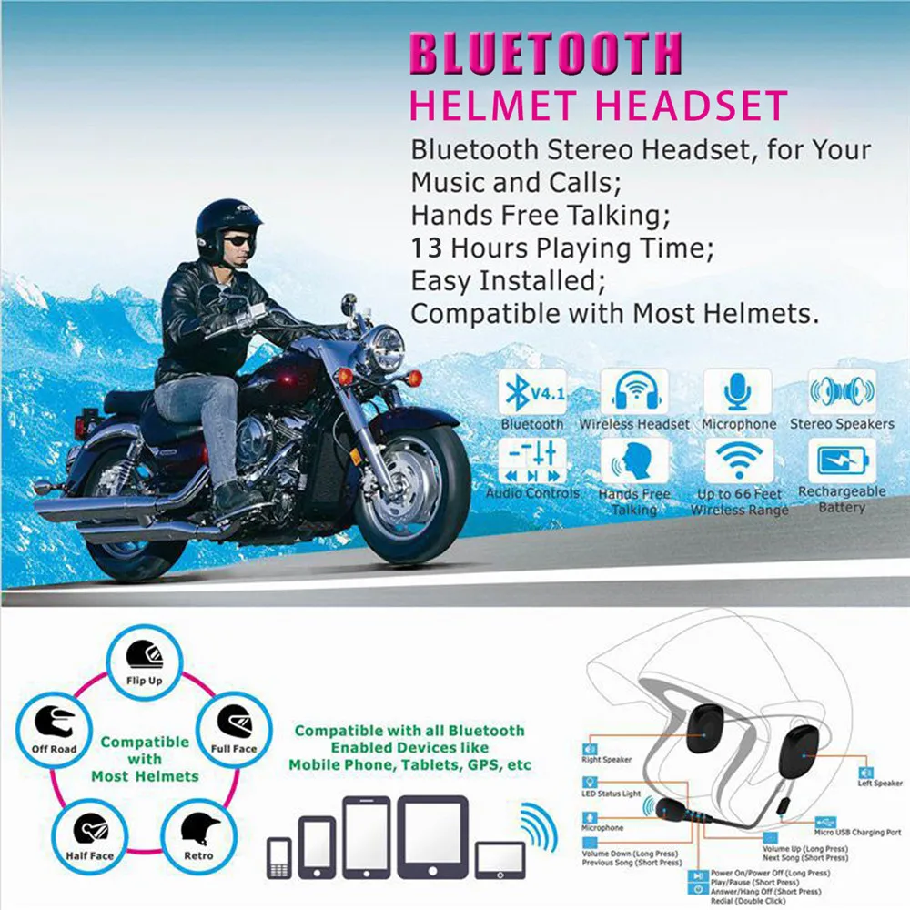 

BT 4.2 Chip 50M 110dB Wireless Motorcycle Scooter Helmet Headset Headphones With bluetooth Function Hands Free Talking Intercom