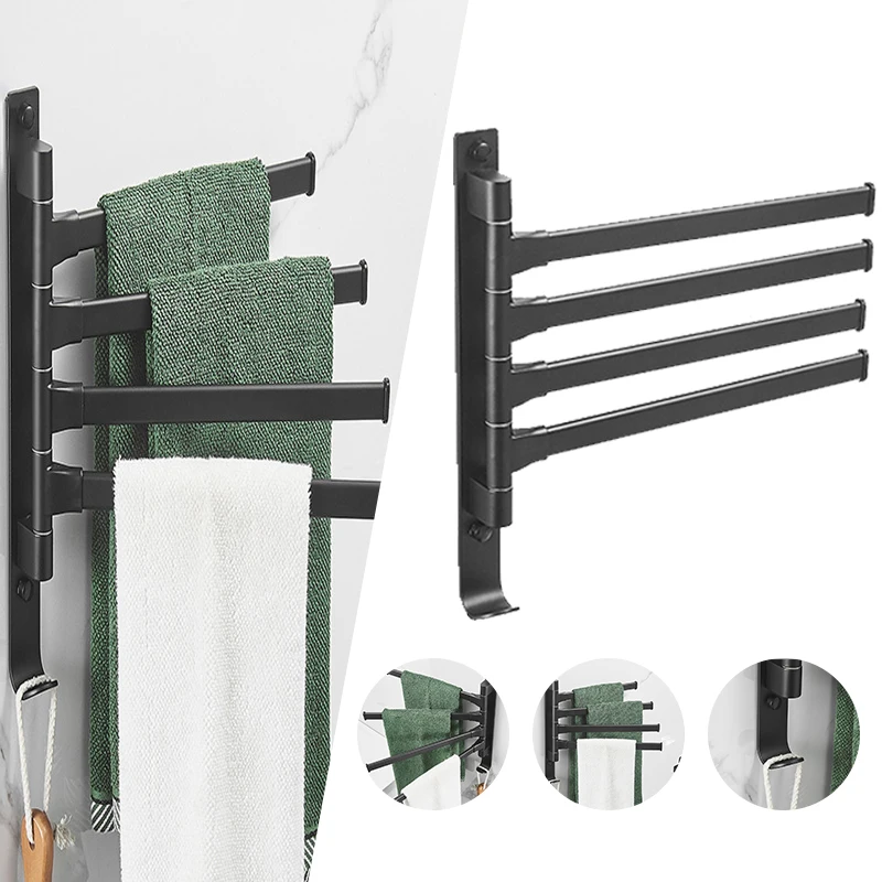 

Nordic Towel Rack Black Rotating Towel Bar Space Aluminum Movable Towel Rack Wall Hanging Hole Free Bathroom Storage Rack