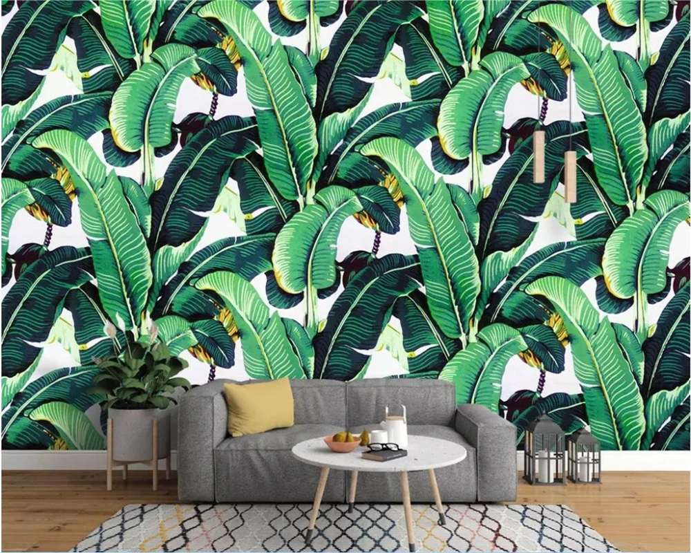 

BEIBEHANG Customized living room bedroom mural European retro hand-painted rainforest plant banana leaf garden mural background