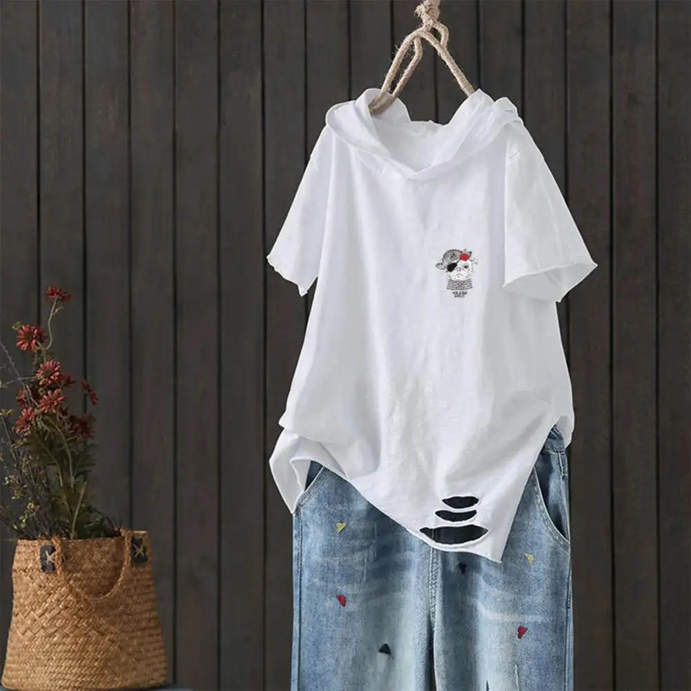 Летняя модная женская футболка с капюшоном свободная коротким рукавом и рваным