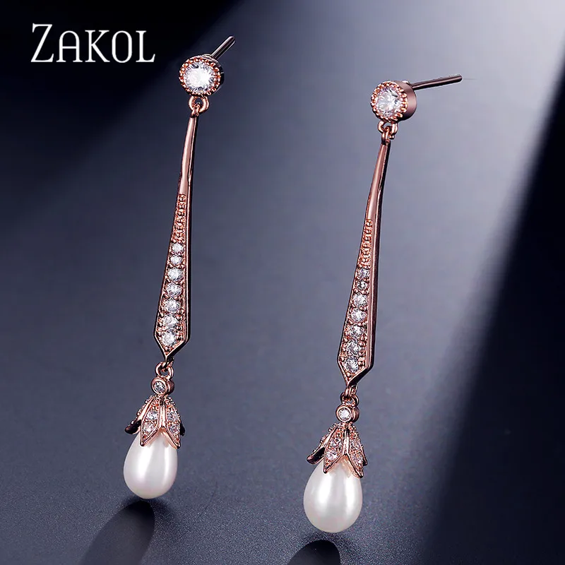 Модные длинные серьги-подвески ZAKOL из розового золота с кубическим цирконием