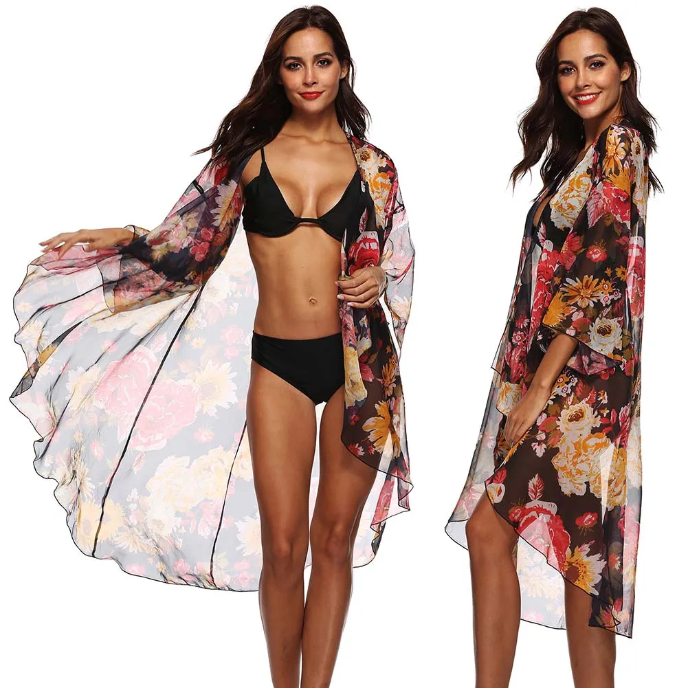 

Pop Summer Women Chiffon Cardigan Flowers Printed Sexy Irregular Outwear Beach Swimsuit Bikini Cover Up Pop 88