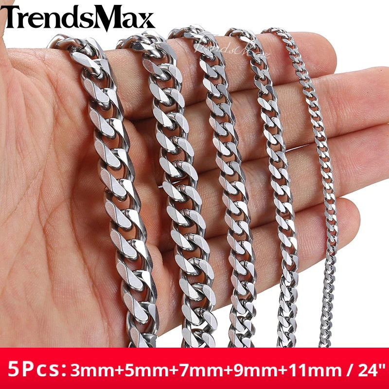 Мужское ожерелье из кубинской цепи колье серебряного цвета нержавеющей стали 5
