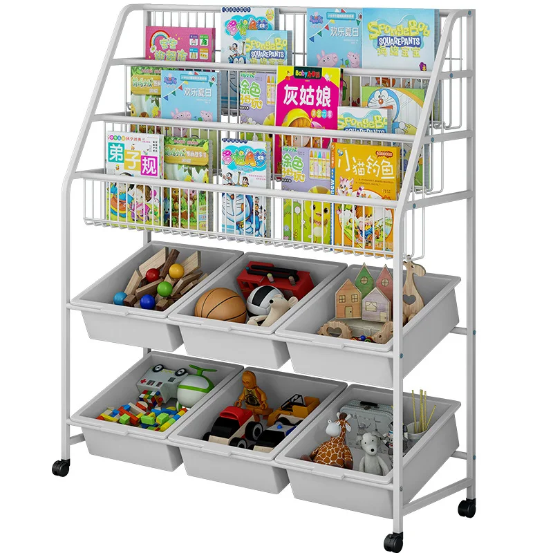

92cm Children Bookshelf Toy Storage Baby Induction Shelf Organizing Rack with Wheels Movable Shelves
