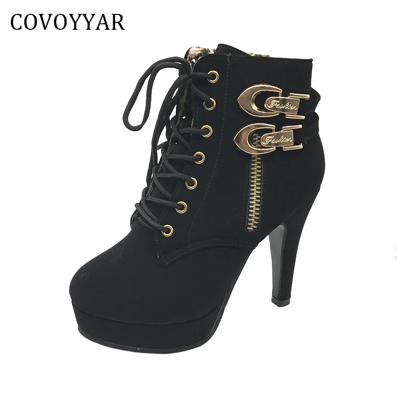 

COVOYYAR 2022 High Heel Martin Boots Autumn Winter Lace Up Ankle Boots Side Zip Platform Women Shoes Big Sizes 35-42 WBS327