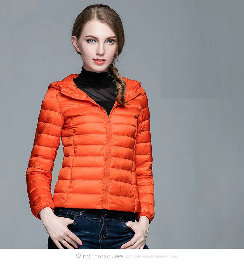 Зимняя женская ультра легкая куртка-пуховик с капюшоном и белым утиным пухом