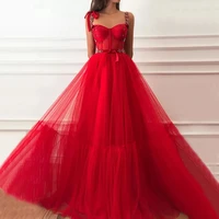 2022 red prom dresses spaghetti straps handmade flower crystal floor length tulle long prom gown robe de soiree for women
