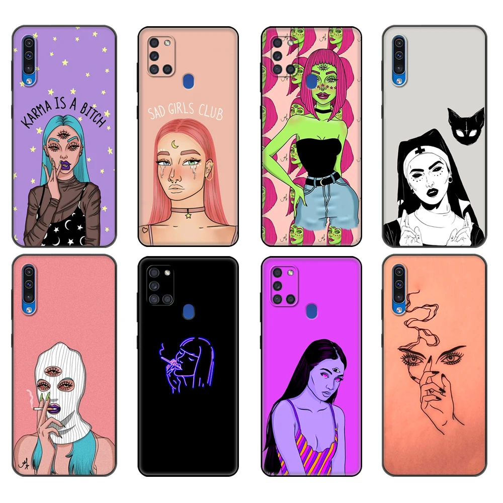 

Black tpu Case For Samsung Galaxy A50 50S A30S A11 A21S A31 A41 A51 A71 M21 M30S S10 LITE Aesthetic Devil Woman girl smoke eyes