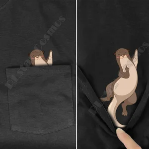 Футболка с карманами в стиле хиппи, летняя футболка с принтом выдры, мужские и женские топы, черные хлопковые смешные футболки с коротким рукавом, Прямая поставка