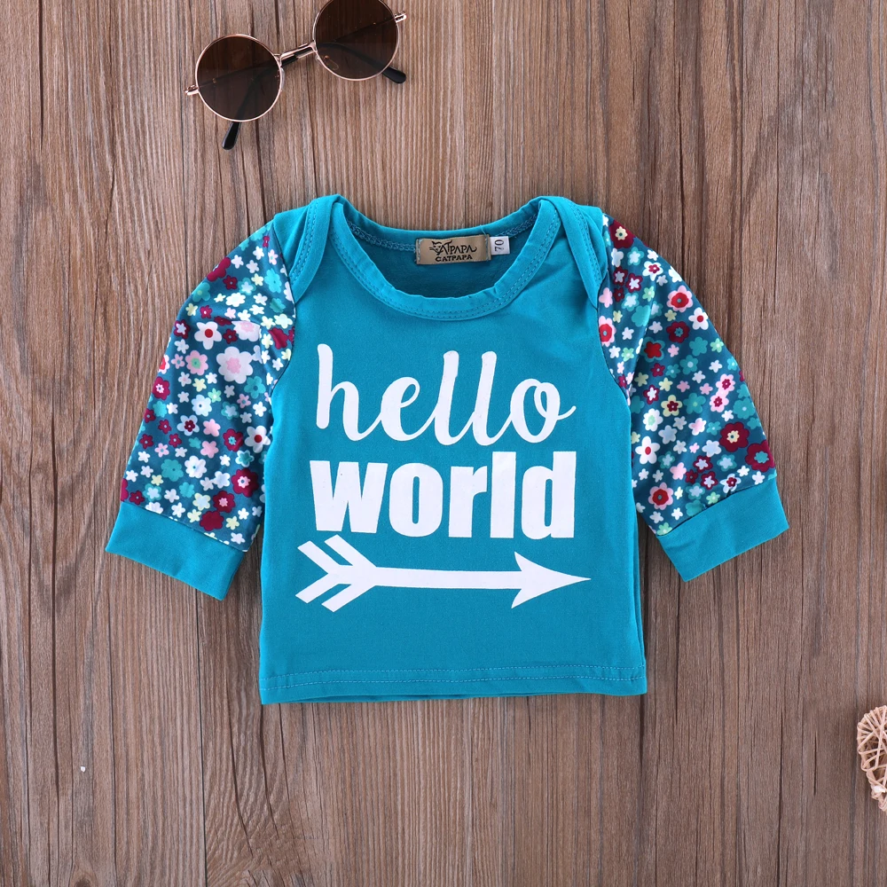 PatPat Comfy Floral HELLO WORLD Print Long-sleeve T-shirt Pants Hat Set in Blue for Baby Boy Expandable Shoulder 3-piece | Детская