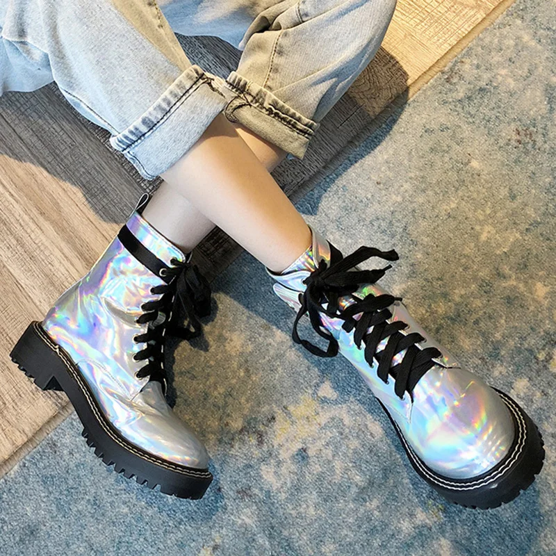 Rimocy Womens Silver Laser Patent Leather Ankle Boots Fashion Lace Up Thick Platform Shoes Woman Mid Heel Motorcycle Mujer |