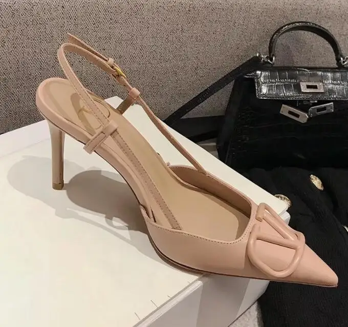 

New Women Black Thin Heel Pumps 2020 All-match V Brand Metal V Buckle French Pointed Single Shoes Pointer Toe Women Sandals
