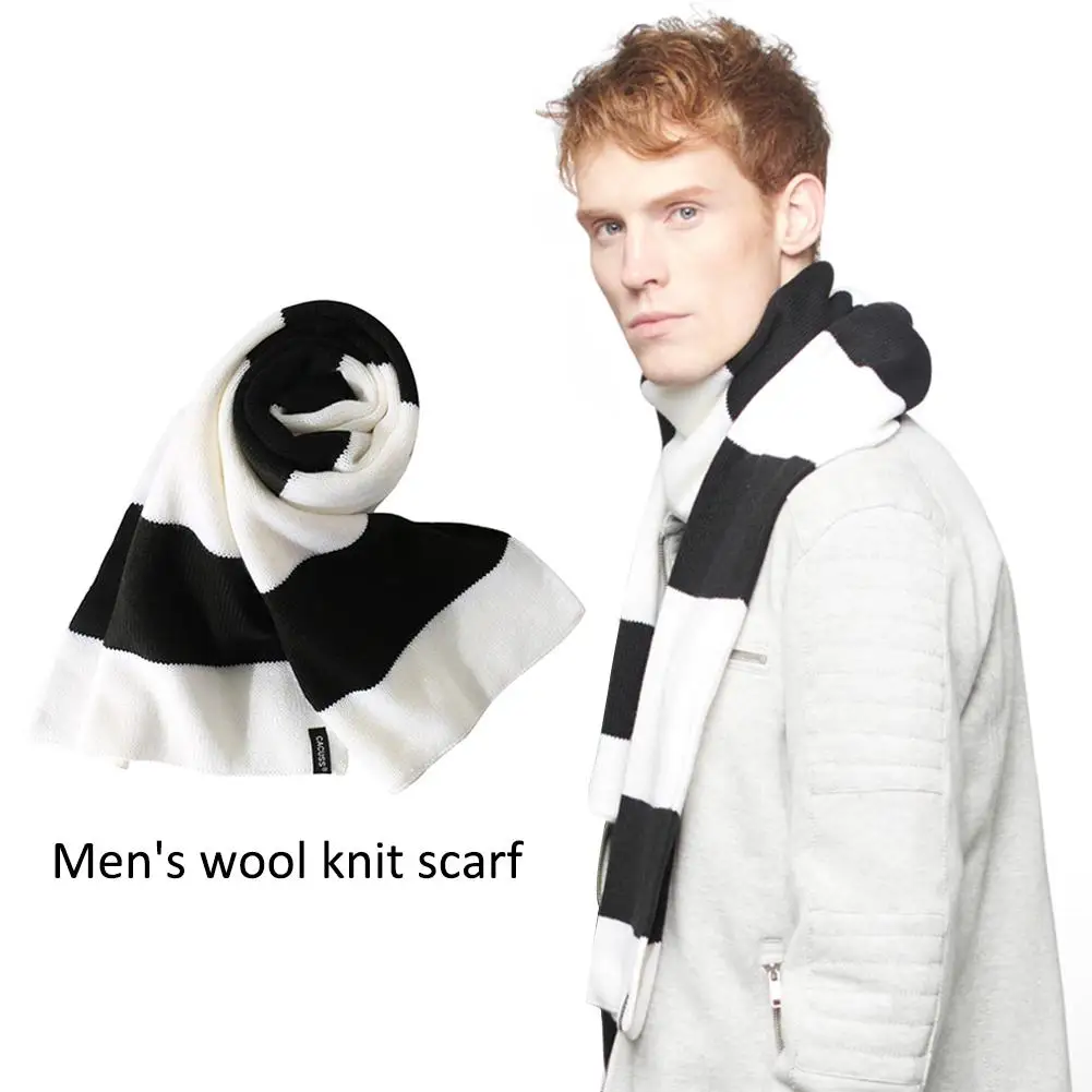 Черно-белый полосатый шарф мужской супер-мягкая шерсть вязаный унисекс теплый