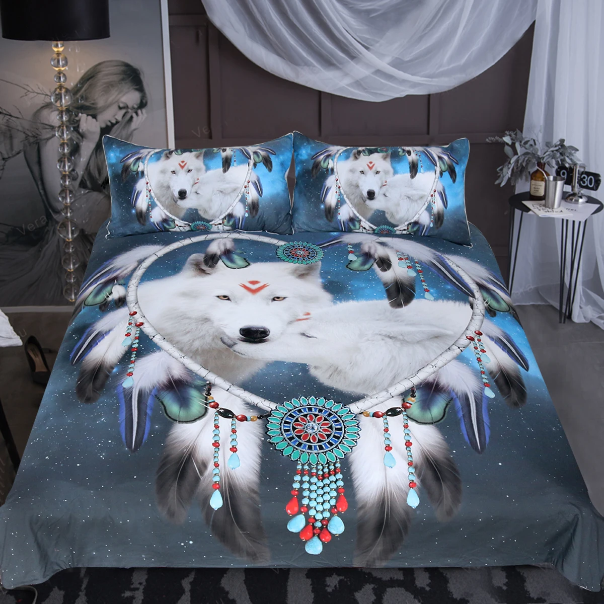 

White wolf Bedding Set With Pillowcase Dreamcatch Duvet Cover King Queen Size Quilt Cover Set Bedclothes Comforter Single Double