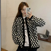 knitted oversized cardigan womens sweater coat loose plaid vintage woman sweater autumn winter fashion