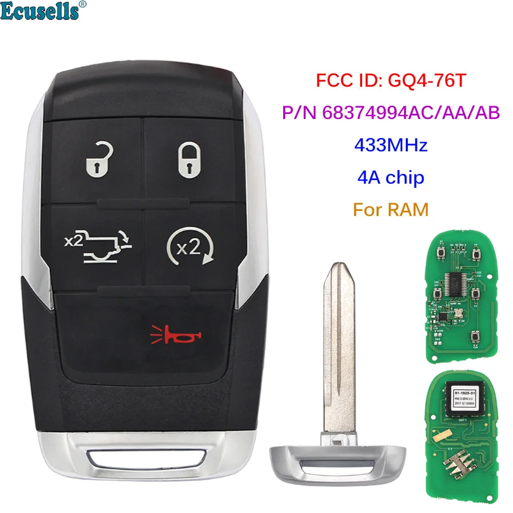 5 tasten Smart-Remote-Key 433MHz 4A Chip für Dodge Ram 2500 3500 4500 5500 2019 2020 2021 FCC ID: GQ4-76T P/N 68374994AC/AA/AB