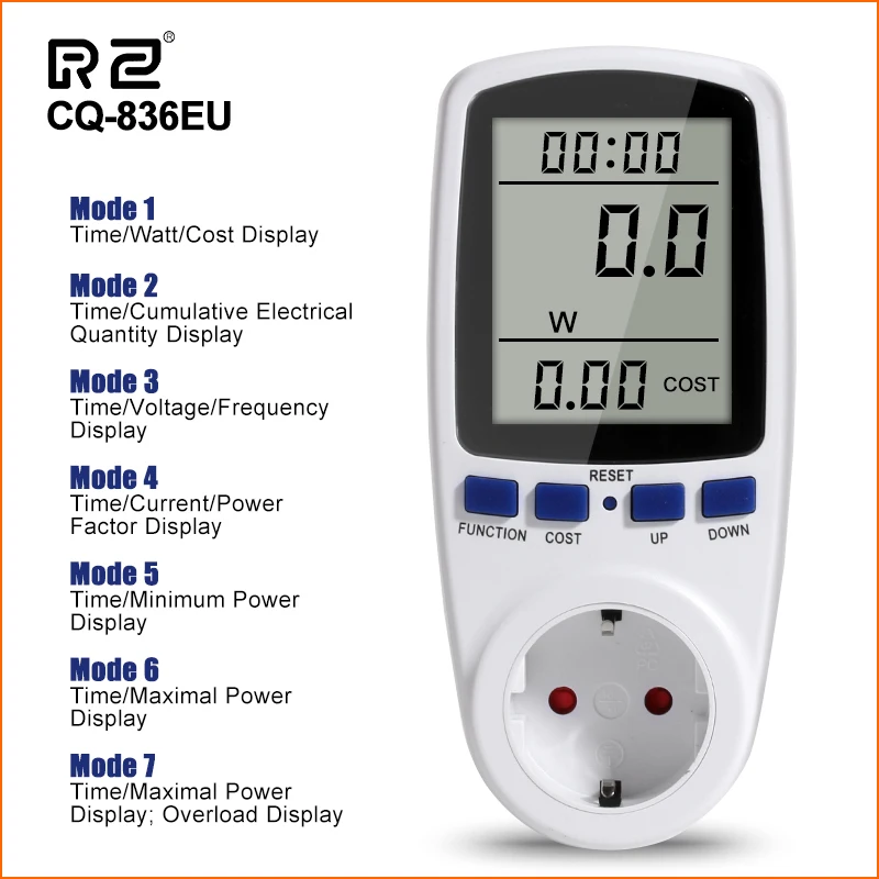 

RZ EU Plug AC Power Meters 230v Digital Voltage Wattmeter Power Consumption Watt Energy Meter Electricity Analyzer KWH Monitor