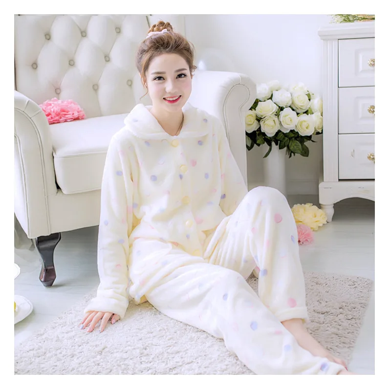 Winter Warm Pajamas Set Woman Cartoon Long Sleeve Sleepwear Leisure Flanel Nightie Dressing gowns for women | Женская одежда