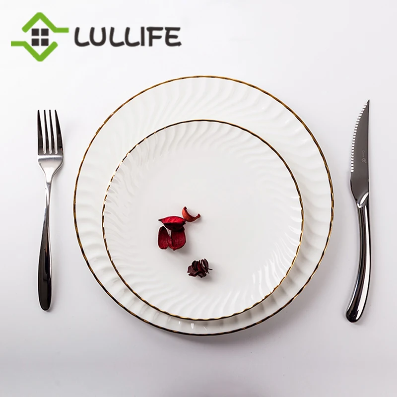 Высокое качество золотой край поворотный рельеф Китай костяная тарелка базовая