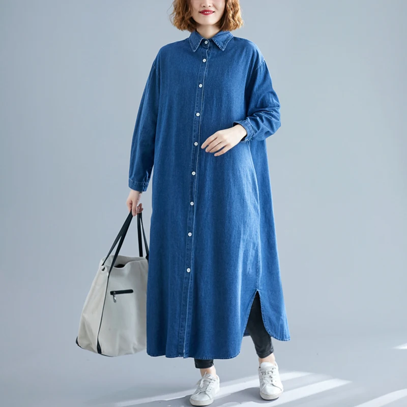 Женское длинное джинсовое платье рубашка повседневное свободное макси с длинным