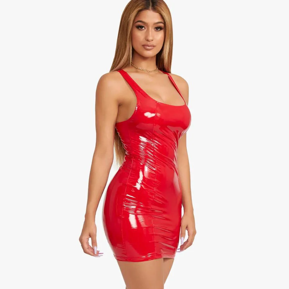

Wet Look Shiny Round Collar PVC Dresss Faux Latex PU Leather Sleeveless Sundress Package Hip Vestidos Sexy Clubwear Minifalda