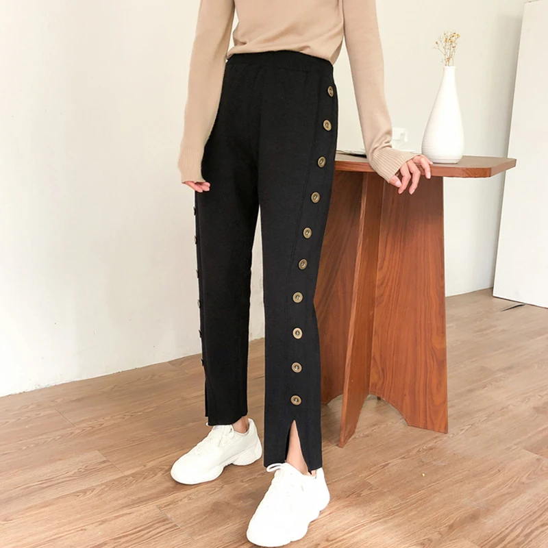 BGTEEVER стильные прямые трикотажные штаны с боковыми пуговицами женские зимние