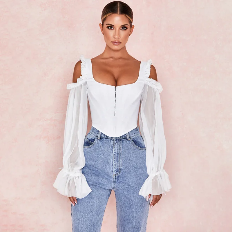 Fuedage сексуальный осенний женский топ с сетчатыми краями петельным рукавом