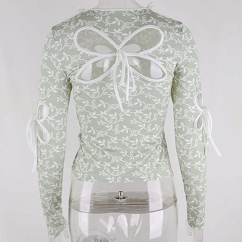 

Muyogrt Vintage Butterfly Hollow Out Bandage Long Sleeve T-shirts Streetwear 90s Print O-neck Green Tops Y2K Fashion Outfits
