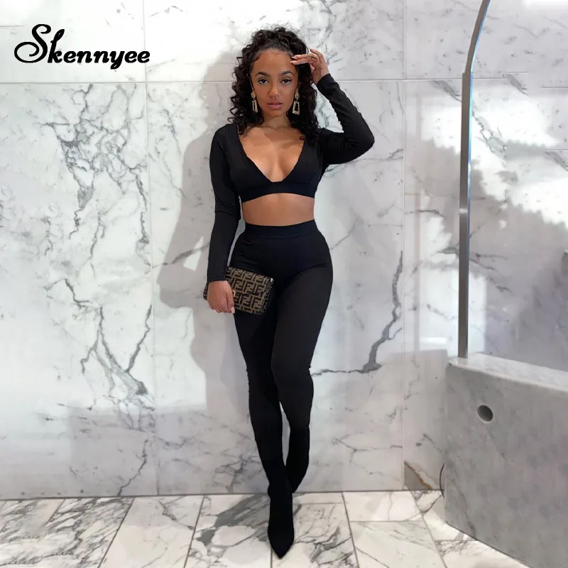 

Skennyee Deep V Neck Halter Bra And Long Pants Sets Backless Sportwear Solid Long Sleeve Women Suit Set
