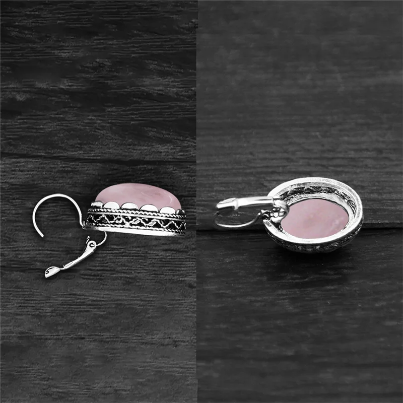 Женские винтажные серьги с натуральным кварцем крупные овальные из нефрита и