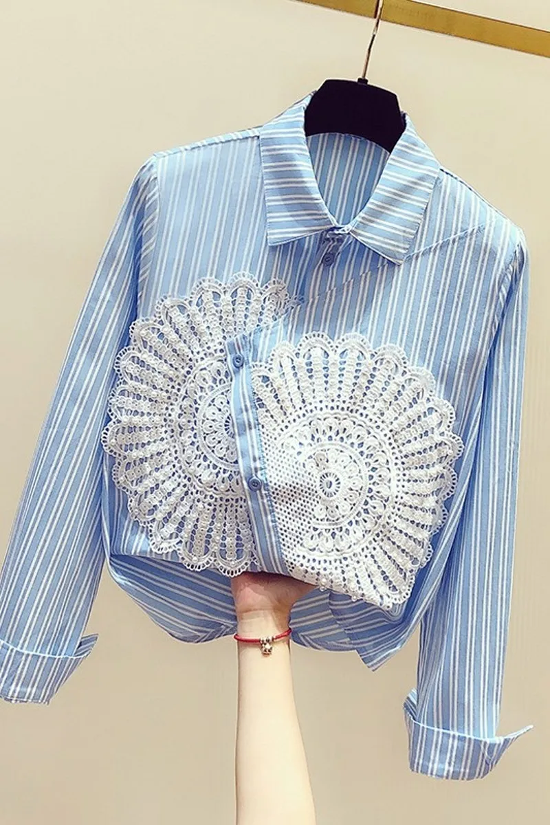 

2020 New Korea-style Irregular Hem Striped Long Sleeve Shirt Women Single Breasted Turn Down Collar Casual Female Blouses