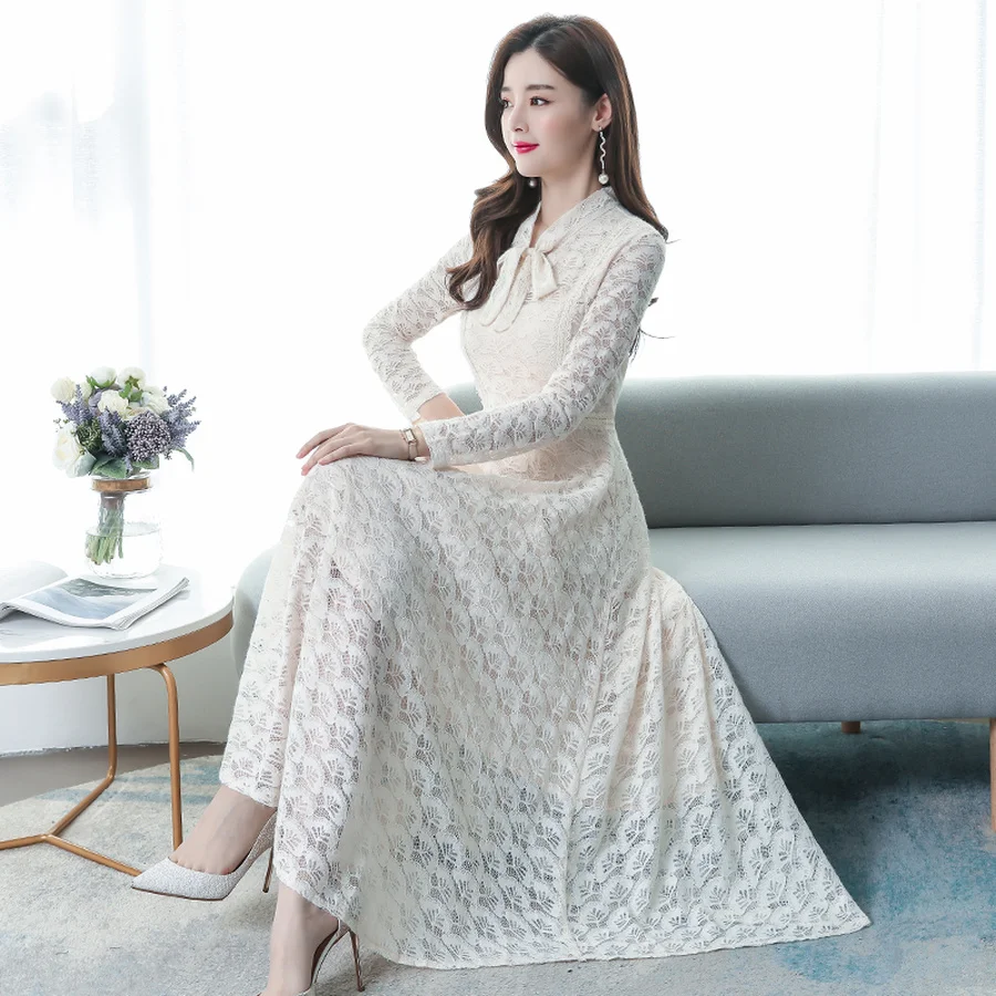 2019 винтажные однотонные кружевные женские платья макси осень зима 3XL женское