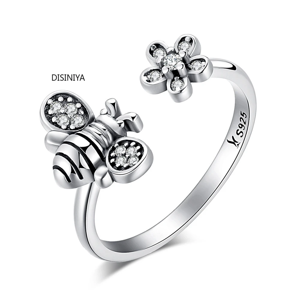 

100% 925 Sterling Silver Trendy Bee & Daisy Flower Finger Rings for Women Adjustable Size Valentine Gift Jewelry ZSCR31422