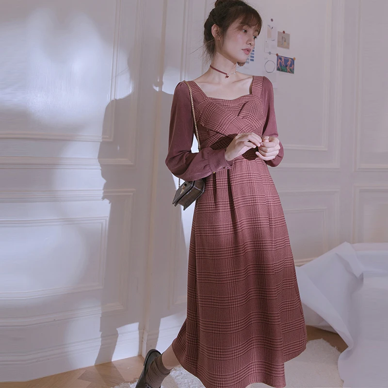 

Traf French gentle and elegant long sleeve square collar stitching houndstooth dress2022 spring autumn new claret-red Long skirt