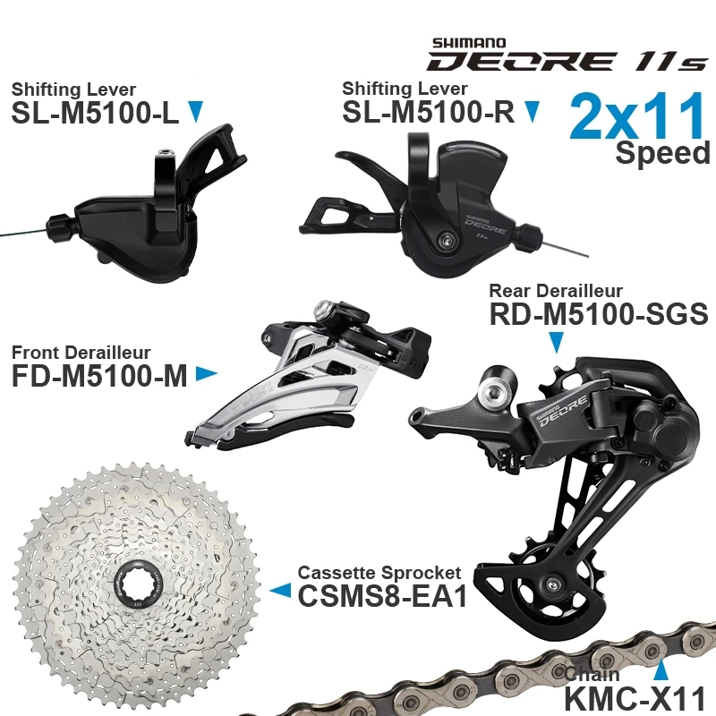 

SHIMANO DEORE M5100 2x11 Speed Groupset include Shifters Front / Rear Derailleur and SUNRACE Cassette 11-51T KMC X11 Chain