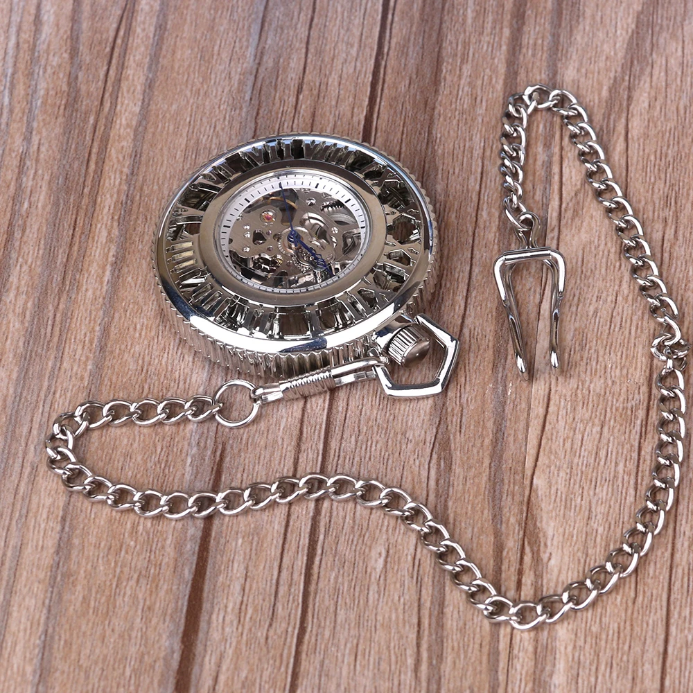 New Design Hand Winding Mechanical Pocket Watch Chain Fashion Silver Skeleton Carving Men Watches Christmas Gift