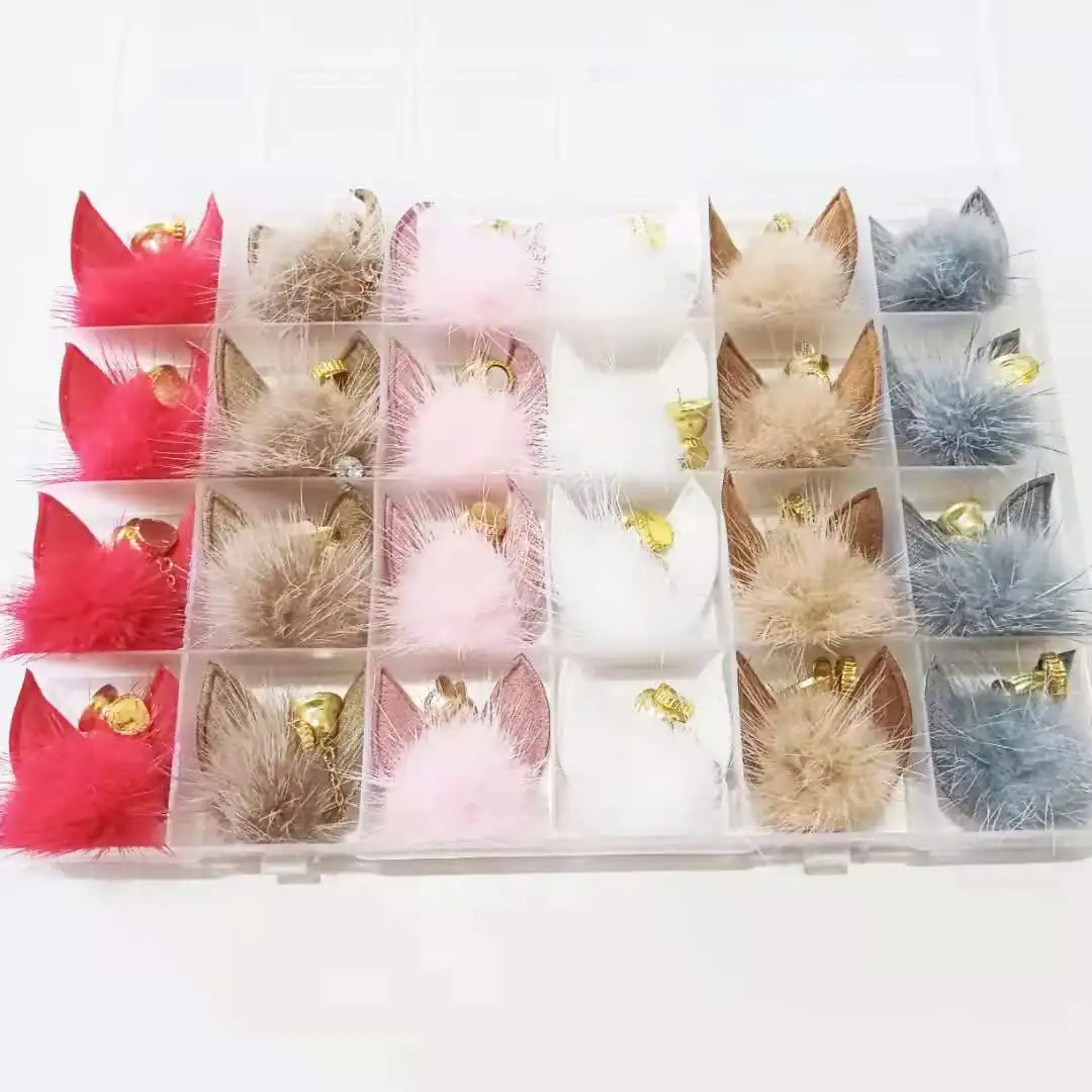 24pcs/Box Rabbit’s/Cat’s Ear Puffy Poms ALLOY BELL Dangle Zircon Nail Decoration Pomp Pompons Kawaii Nail Chain Pompoms SET6#