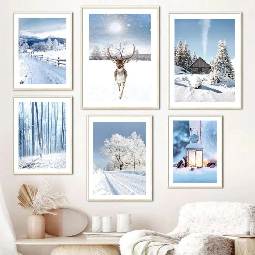 

Winter Snow Sunlight Forest Lake Deer Cabin Nordic Posters and Prints Wall Art Canvas Painting Pictures for Living Room Decor