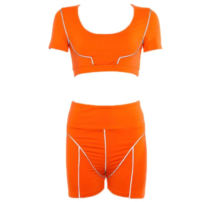 

Women Sport Outfits Neon Color Crop Top High Waist Shorts Reflective Tracksuit F42F