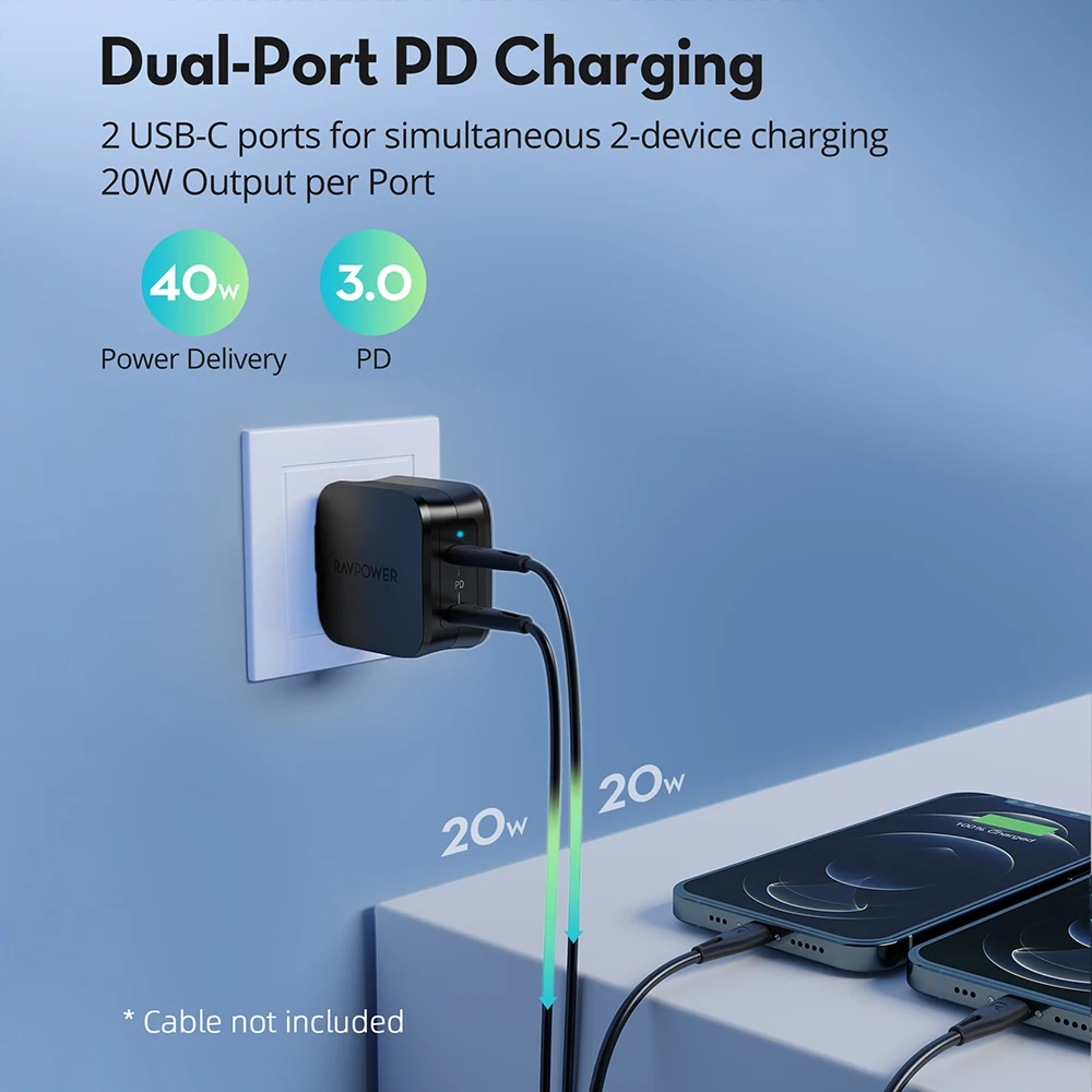 

Зарядное устройство RAVPower сетевое с двумя портами, 40 Вт, Тип C