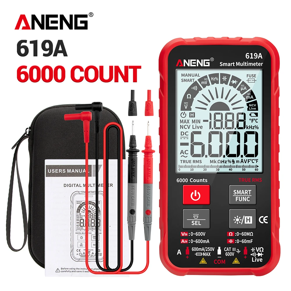 

Цифровой мультиметр ANENG 619A, тестеры напряжения переменного/постоянного тока, True RMS, 6000 отсчетов, профессиональный аналоговый измеритель нап...
