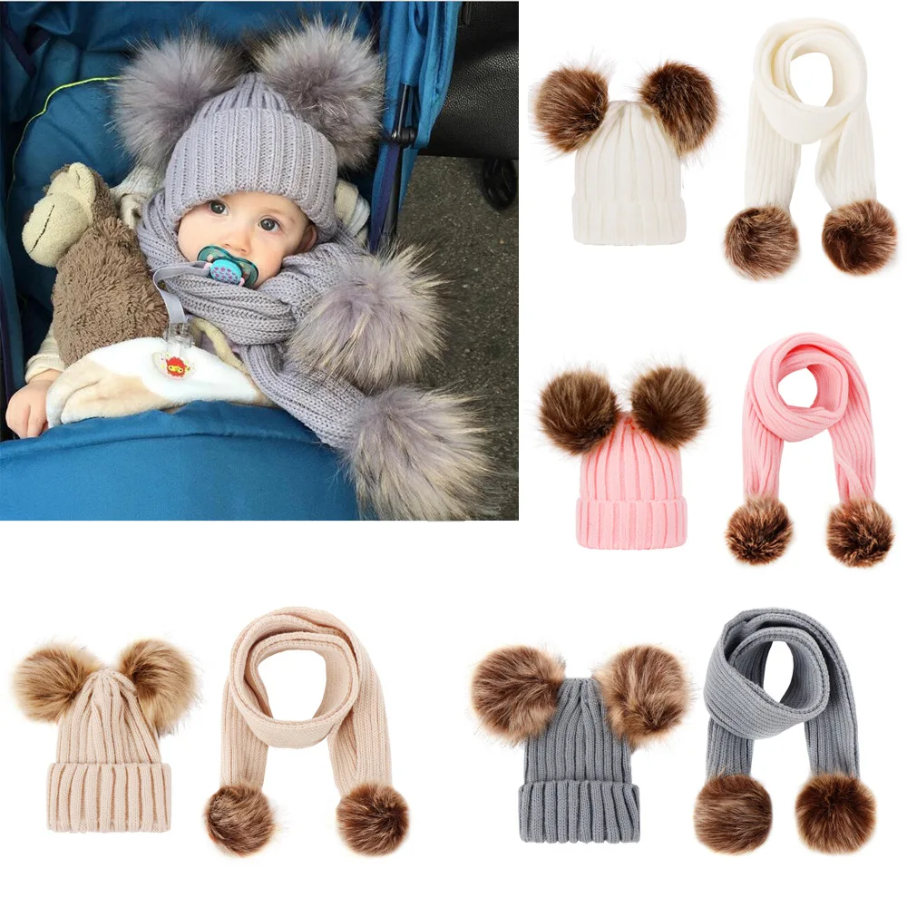 

0-24 Months Boy Girl Knitted Beanie Hat Scarf Two Piece Set Winter Warm Toddler Children Baby Newborn Girl Boy Hat Snood Set