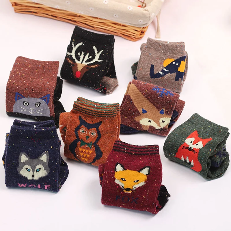 

aNew Atumn Winter Thick Wool Cotton Crew Socks Women Harajuku Animal Owl Deer Cat Elephant Lovely Cute Christmas Sock Hiking