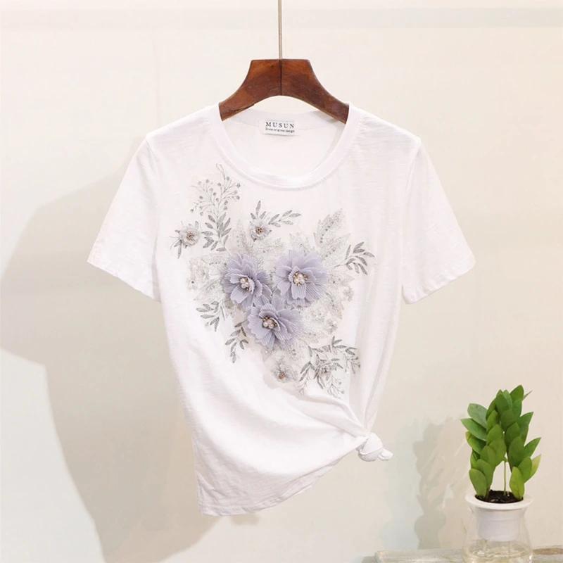 

Summer Fashion Women Embroidery 3D Flower T-shirts Jeans Two Pieces Set Suits